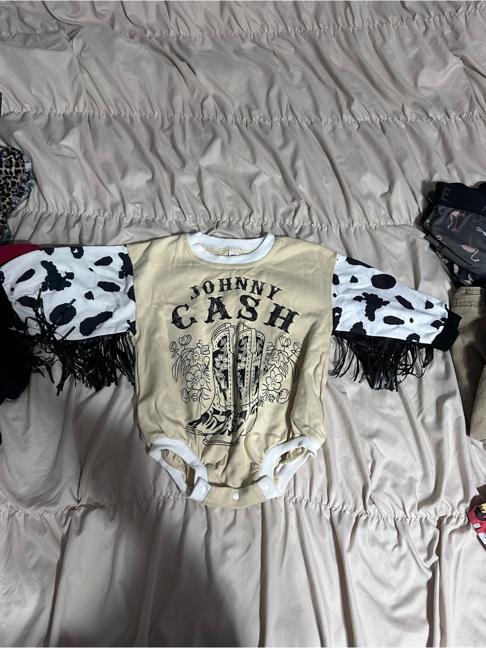 Boutique Beige Baby One-Piece with Johnny cash  Fringe Sleeves
